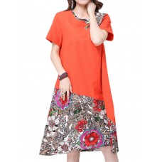 Elegant Women Chinese Frog Printing Patchwork Cotton Linen Dress