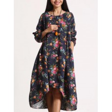 Women Retro Floral Printing Kaftan Long Sleeve Maxi Dress