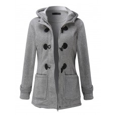 Casual Women Long Sleeve Solid Color Hooded Horn Buttons Coat