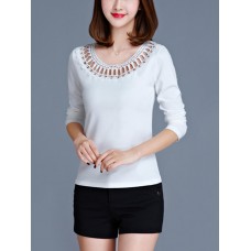 Casual Women Round Neck Hollow Out Long Sleeve Pure Color T-shirts