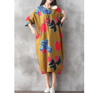 Women Vintage Plus Size Fish Printed Dresses Round Neck Mid Dress
