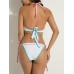 Women Sexy High Neck Halter Bandage Geometry Printed Hollow Out Bikini Set Beachwear