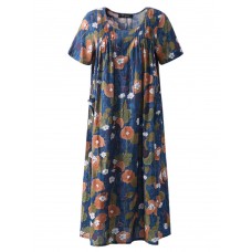 Plus Size Floral Printed Loose Dresses Short Sleeve Ruffled Pockets Casual Dress for Women