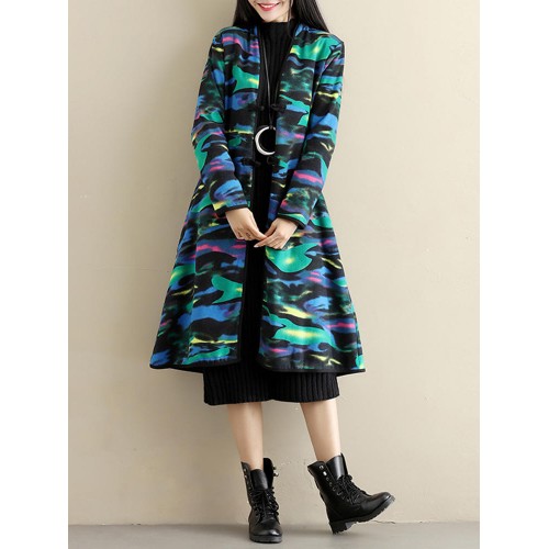 Ethnic Women Thick Long Sleeve Frog Button Printed Coat with Pockets
