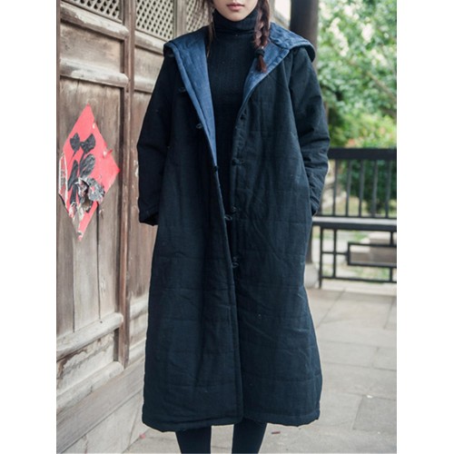 Vintage Women Solid Color Long Sleeve Hooded Cotton Long Coat