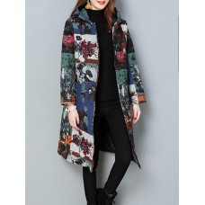Casual Women Printed Long Sleeve Button Hooded Knee-Length Coat