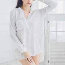 Chiffon Minimalism Long Sleeves White Shirt Tracksuit Sleepwear For Women