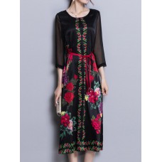 Satin Floral Print O-neck Elegant Side Slipt Dress