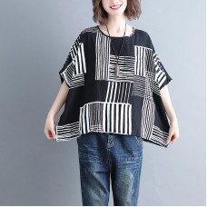 Casual Women Cotton Linen Loose Plaid Batwing Sleeve Shirts