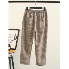 Casual Women Cotton Linen Elastic Waist Striped Trousers Pants