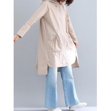 Casual Women Solid Color Asymmetrical Hem Zipper Hooded Sweatshirt with Pockets