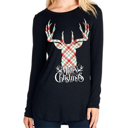 Casual Women Elk Letter Animals Printed Loose Long Sleeve O-Neck T-Shirts