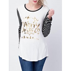Causal Women Christmas Tree Letter Printed Long Sleeve Striped T-Shirts