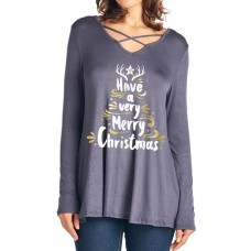 Casual Women Christmas Letter Print Front Cross Crew Neck Long Sleeve T-Shirts