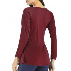Casual Women Long Sleeve V Neck Pleated Solid Color T-shirts